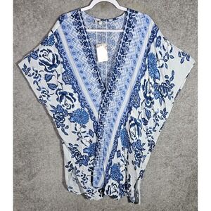 Gypsy Love Open Front Short Sleeve Kimono Cover Up Womens Size Small Blue Floral